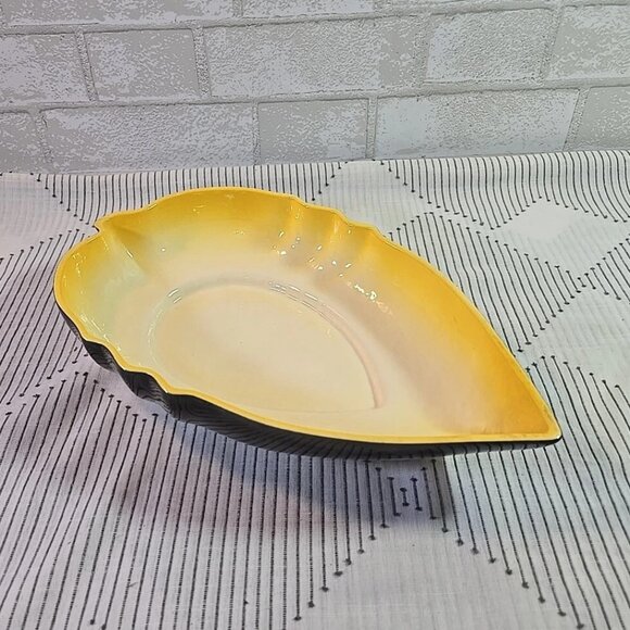 Vintage MCM Los Angeles Potteries Fall Yellow Ombre Leaf Serving Bowl 14" - Picture 4 of 10